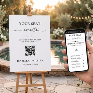 Cartel con código QR para el plano de asientos de boda / Sitio web con plano de asientos editable / Lista de invitados alfabética / Plantilla de Canva
