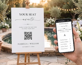 Wedding Seating Chart QR Code Sign | Editable Seating Chart Website | Alphabetical Guest List | Canva Template
