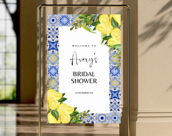 Signo de bienvenida de la ducha nupcial de limón mediterráneo, ducha nupcial de azulejos azules italianos, boda de Positano, ducha nupcial de cítricos de la costa de Amalfi