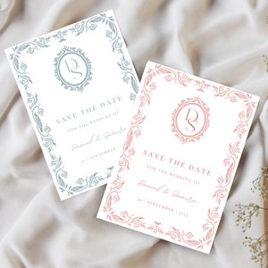 Invitación de boda francesa, plantilla editable de invitación para guardar la fecha, invitación de boda de inspiración francesa con monograma, guardar nuestra tarjeta de fecha