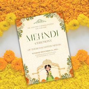 Modelo de convite Mehndi editável, convite mehndi digital, convite Mehndi moderno, convite Haldi para impressão, convite Sangeet, convite Dholki