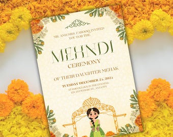 Plantilla de invitación de mehndi editable, invitación de mehndi digital, invitación de mehndi moderna, invitación de haldi imprimible, invitación de sangeet, invitación de dholki