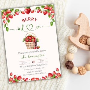 Berry In Love Bridal Shower Invitation Template, Strawberry Theme Bridal Invite, Printable Garden Bridal Shower, Editable Canva Template