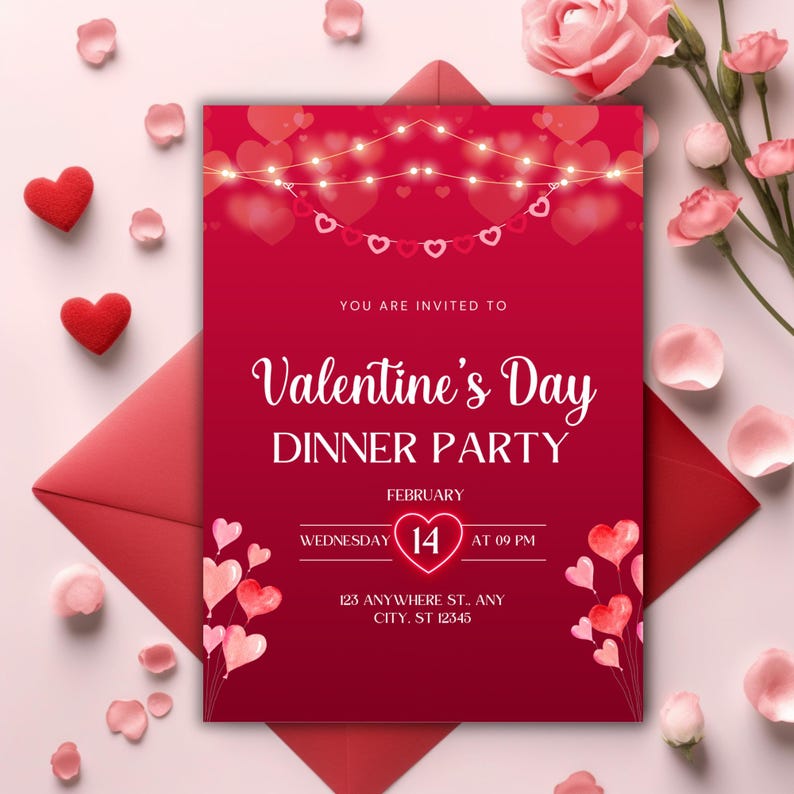 May include: A red Valentine's Day dinner party invitation with a string of lights and hearts. The invitation says "You are invited to Valentine's Day Dinner Party" with the date and time: "February 14, Wednesday at 09 PM". The address is "123 Anywhere St., Any City, ST 12345".