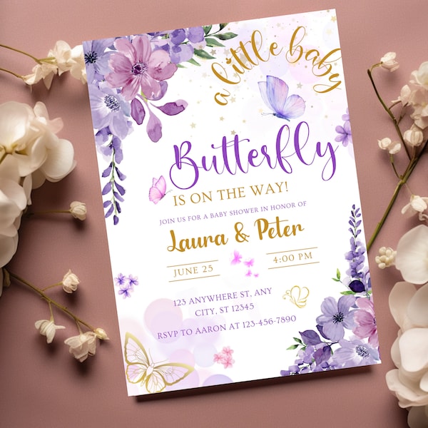 Editable Butterfly Baby Shower Invitation Purple Butterfly Baby Shower Invitation for Girl Instant Download Gold Sprinkle Invitation