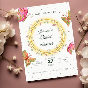 Lifetime of Butterflies Brautparty einladen bearbeitbare Wildblumen Schmetterling Vorlage Printable Gartenparty lädt Blumenparty ein