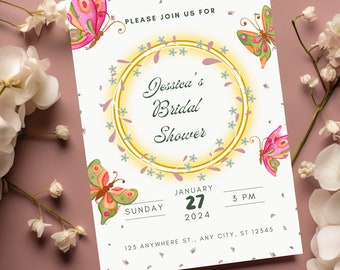 Invitación de despedida de soltera de toda la vida de mariposas Plantilla de mariposa de flores silvestres editable Invitaciones de fiesta en el jardín imprimibles Invitación de fiesta floral