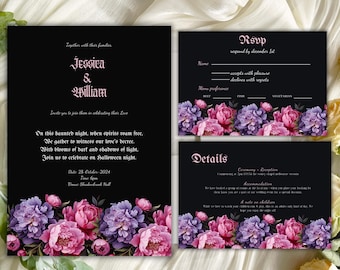 Invitación de boda floral gótica / Plantilla de invitación de boda boho imprimible / La muerte nos separa / Invitación de boda floral espeluznante / Boda en el jardín