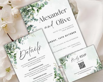 Eucalyptus Wedding Invitation Set Template | Sage Green Boho Wedding Invite | Greenery Bridal Shower Suite | Editable Canva with QR Code