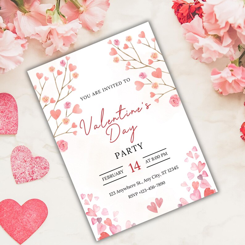 May include: A Valentine's Day party invitation with a pink and white watercolor design featuring hearts and flowers. The text reads "You are invited to Valentine's Day Party, February 14 at 8:00 PM, 123 Anywhere St., Any City, ST 12345, RSVP +123-456-7890."