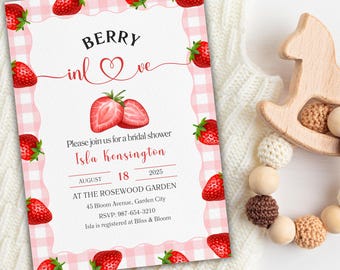 Erdbeer-Brautparty-Einladung: Rosa Gingham, bearbeitbare Vorlage (Digitaler Download)