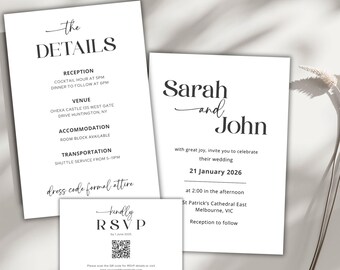 Minimalist Wedding Invitation Template | Modern Elegant Wedding Invite Suite | Printable Canva Wedding Set