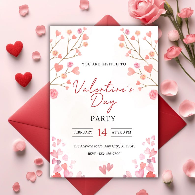 May include: A white invitation card with pink watercolor hearts and flowers. The text reads "You are invited to Valentine's Day Party, February 14, at 8:00 PM, 123 Anywhere St., Any City, ST 12345, RSVP +123-456-7890".