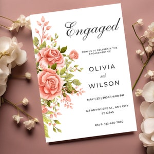 Editable Engagement Party Invitation Template, floral wedding Invite Blush Pink Floral We&#39;re Engaged Surprise Engagement Invitation