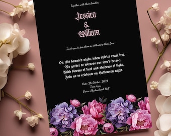 May include: Black wedding invitation with pink and purple floral border. The invitation reads "Together with their families, Jessica & William. Invite you to join them in celebrating their love. On this haunted night, when spirits roam free, We gather to witness our love's decree. With blooms of dark and shadows of light, Join us to celebrate on Halloween night. Date: 28-October-2024 Time 6pm Venue: Shadowbrosh Hall"