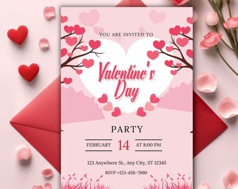 Valentine's Day Party Invitation Template, Valentines Brunch party Invite, Valentines Heart Dinner Party Card, Valentines Heart Editable