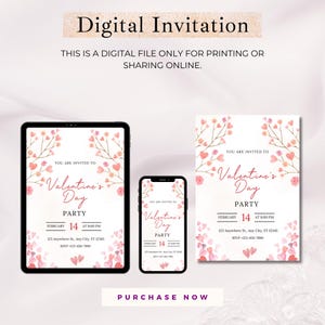 May include: A digital invitation for a Valentine's Day party. The invitation features a pink and white watercolor design with hearts and flowers. The text reads "You are invited to Valentine's Day Party, February 14 at 8:00 PM, 123 Anywhere St., Any City, ST 12345, RSVP 123-456-7890".