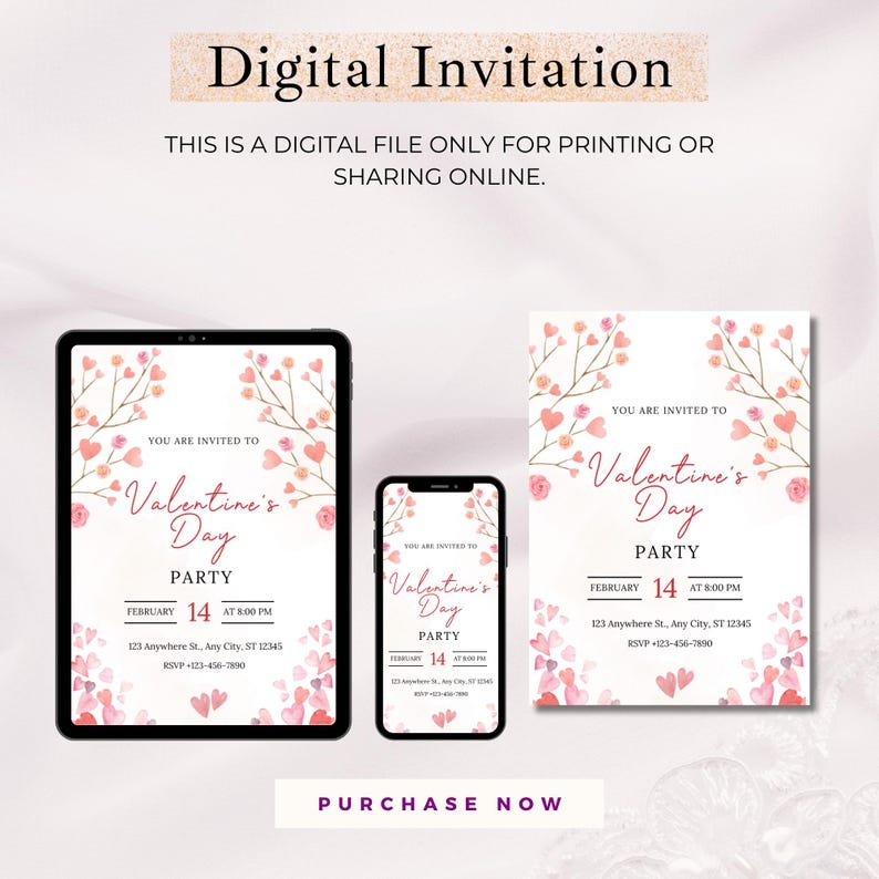 May include: A digital invitation for a Valentine's Day party. The invitation features a pink and white watercolor design with hearts and flowers. The text reads "You are invited to Valentine's Day Party, February 14 at 8:00 PM, 123 Anywhere St., Any City, ST 12345, RSVP 123-456-7890".