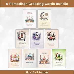 Conjunto de 9 Cartões de Ramadã para Imprimir – Download Digital | Cartões de Saudação Islâmicos Modernos | Presente e Decoração de Ramadã Editável 5x7