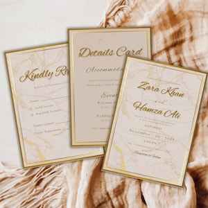 Elegant Marble Wedding Invitation Set: Gold Foil Look, Editable Canva Template (Digital Download))