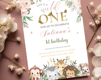 EDITABLE Safari Birthday Invitation, Wild One 1st Birthday Invite, Jungle Animals invitations, Girls Birthday Invite