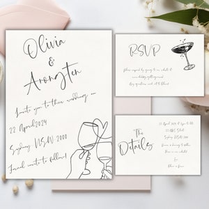 Hand drawn Wedding Invitation Suite Template, Vintage Wedding Invite, Scribble Illustrations Handwritten Fonts French Style Champagne Toast