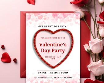 May include: A Valentine's Day party invitation with a red heart with gold glitter on a white background with pink hearts. The text reads "Get Ready to Party! You are invited to our Valentine's Day Party February 14 at 5 PM Dance Music Food 123 Anywhere St., Any City, ST 12345"