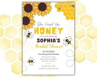 Bee Bridal Shower Invitation, Honey Bee Invitation, Editable Sunflower She Found Her Honey Rustic Bridal Wedding Shower Invitation
