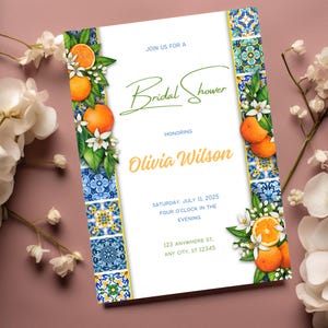 Mediterrane Zitrone Brautdusche, Einladungsvorlage, Brautdusche mit blauen Fliesen, Positano Hochzeit, Amalfiküste Zitrus Brautdusche