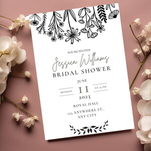 Minimalist BRIDAL SHOWER INVITATION template, Black and white Bridal shower invite , Floral bridal shower invitation, Simple Elegant Invite