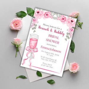 Brunch & Bubbly Bridal Shower Invitation, Floral Champagne Bridal Shower Invite, Summer Pink Bridal Shower Invitation, Editable Brunch