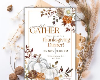 Mall för inbjudan till Friendsgiving-middag, höstblommor (digital nedladdning)