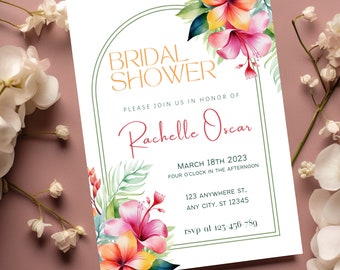 Tropical Bridal Shower Invitation Template, Summer Bridal Shower Invite, Hawaiian Wedding Shower Invite, Pink Hibiscus Invitation, DIY edita
