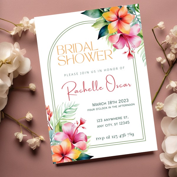 Tropical Bridal Shower Invitation Template, Summer Bridal Shower Invite, Hawaiian Wedding Shower Invite, Pink Hibiscus Invitation, DIY edita