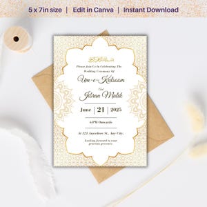 K&ouml;nnte beinhalten: Eine Hochzeitseinladung mit goldenem und wei&szlig;em Design. Die Einladung enth&auml;lt die Namen Um-e-Kulsoom und Jibran Malik, das Datum 21. Juni 2025 und die Uhrzeit 18:00 Uhr. Die Einladung ist 12,7 x 17,8 cm gro&szlig;.