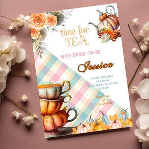 Bridal Tea Party Invitation, time for tea with bride to be invitation, Fall Bridal Shower, Pumpkin Tea Party, orange boho floral Invitation