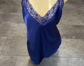 VTG Y2K Victoria's Secret Slip Chemise Nightie Deep Blue Floral Lace Lg Layering