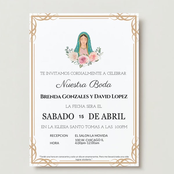 Invitaciones De Boda Editable, Invitaciones Para Imprimir, Spanish Wedding Invitation, Virgen De Guadalupe Wedding Invitation Templates