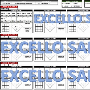 May include: A baseball scorecard with a blue and white "EXCELLO SAMPLE" logo. The scorecard is divided into four sections, each representing a different inning. Each section has a grid for recording the results of each player's at-bat.