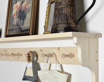 Barra appendiabiti con ripiano, organizzazione dell'ingresso, appendiabiti con ganci Shaker, decorazione da parete, ripiano con ganci, ripiano per cornici, ripiano in legno da fattoria