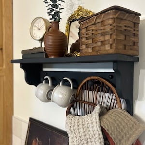 Easy to hang shaker peg shelf, wood display shelf, wall hung coat rack shelf, wood rail shelf, mudroom entryway organizer, rustic farmhouse