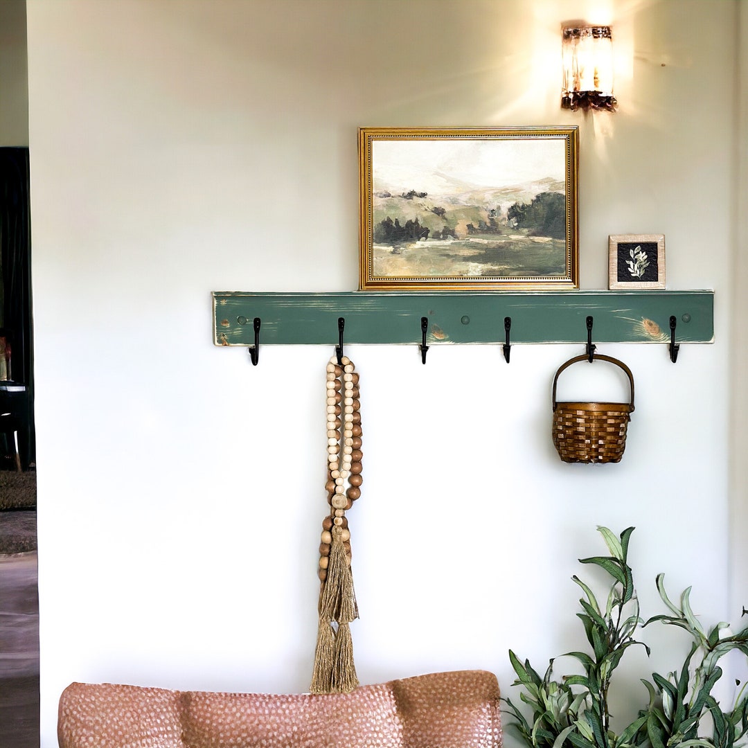 Green Racks Distressed Green Rail With Hand Forged Hooks, Distressed Green Coat ...