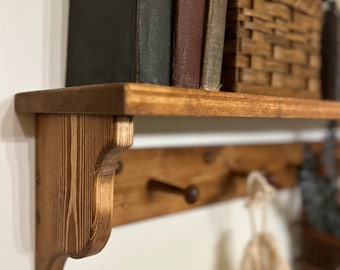Easy to hang shaker peg shelf, wood display shelf, wall hung coat rack shelf, wood rail shelf, mudroom entryway organizer, rustic farmhouse