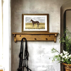 May include: A framed print of a brown horse in a field hangs above a wooden shelf with three pegs. A black bridle hangs from the shelf. The wall is a neutral gray color, and a basket of flowers is in the background.