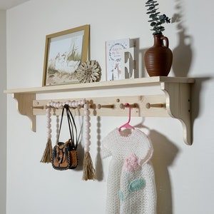 Wood shelf with shaker pegs, nursery peg shelf, Shaker peg coat rack, entryway organization, peg shelf, shelf with hooks, farmhouse shelf