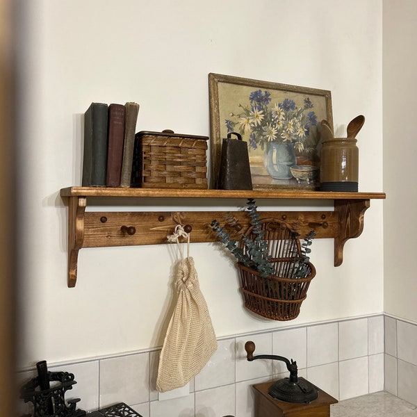 Shaker peg rack with shelf, stained peg shelf, Shaker peg coat rack, coffee bar shelf, shelf with hooks, wood shelf with pegs, stained shelf