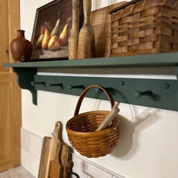 Wood shaker shelf, shaker peg shelf, entryway shelf ,Shaker peg coat rack, coffee bar shelf, shelf with hooks, peg shelf, picture display