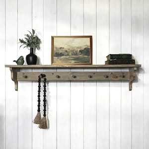 Shaker peg shelf, coffee bar shelf with hooks, shelf with coat rack, wood shelf with pegs, house warming gift, kitchen shelf, towel rack