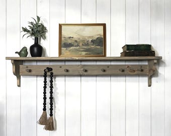 Shaker Regal mit Wäscheklammern, Kaffeebar Regal mit Haken, Regal mit Garderobe, Holzregal mit Wäscheklammern, Einweihungsgeschenk, Küchenregal, Handtuchhalter