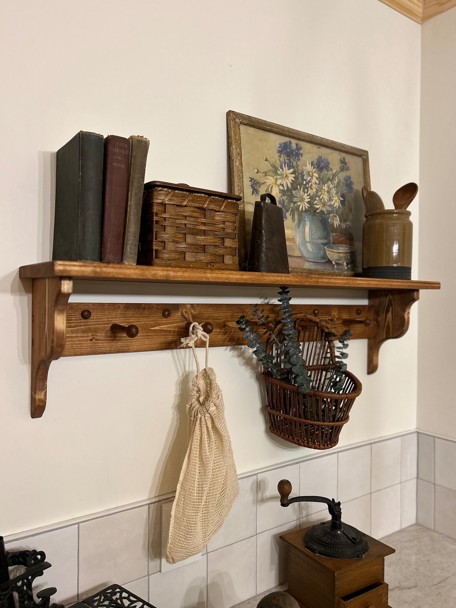 Shaker peg rack with shelf, stained peg shelf, Shaker peg coat rack, coffee bar shelf, shelf with hooks, wood shelf with pegs, stained shelf